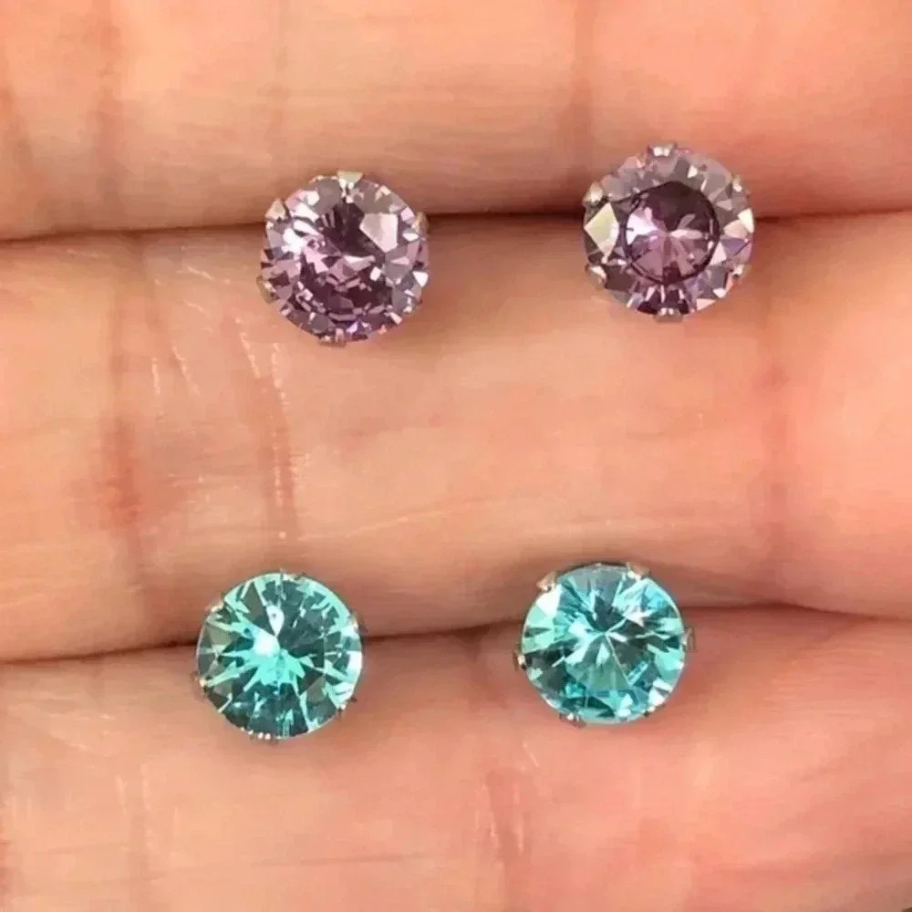 Aquamarine Blue & Amethyst Purple 6mm Stainless Steel Stud Earrings NWT